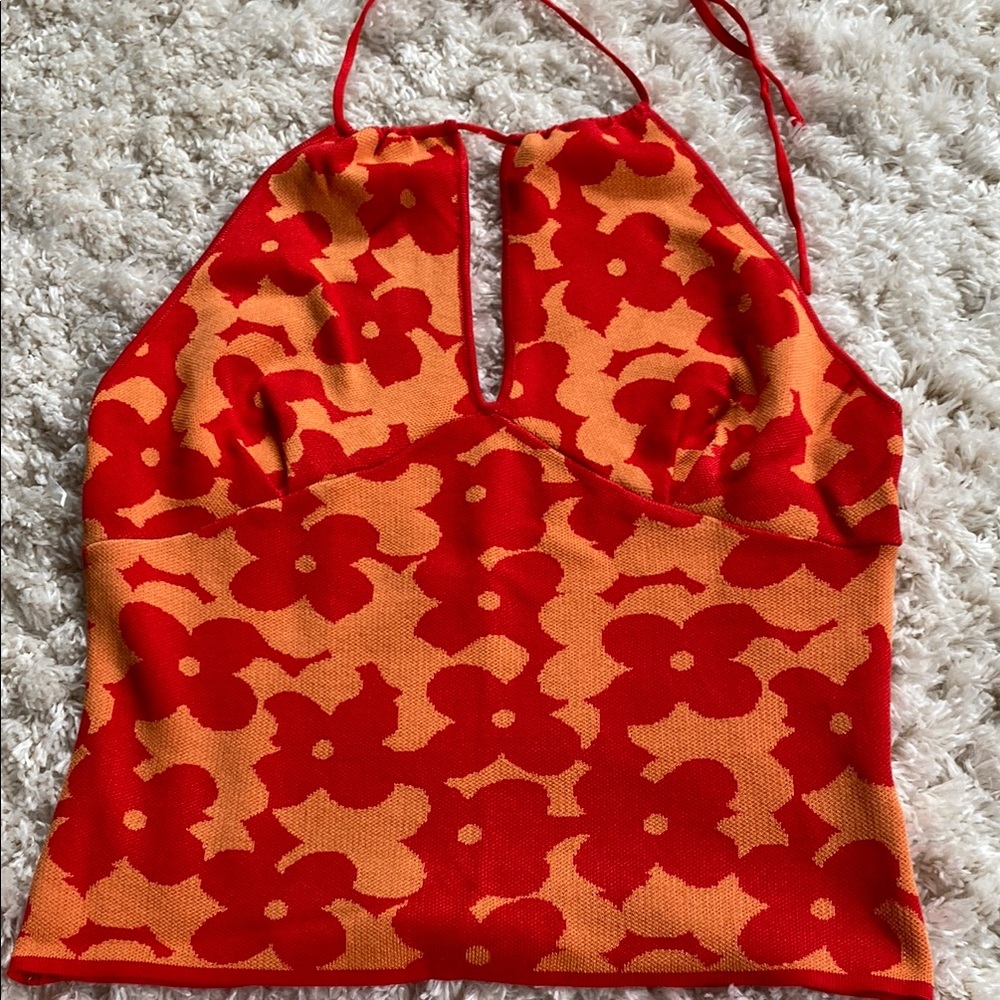 Halter Floral Knit Tank Top in Red & Orange